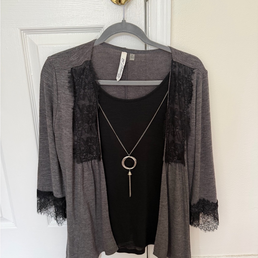 Gray Lace-Trim Open Cardigan with Black Tank